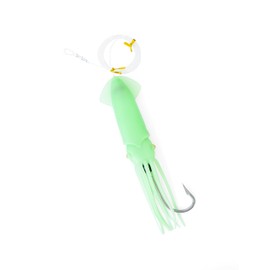 BLUEWING 9in Soft Squid Lures Saltwater LED Glow with 9/0 Stainless Steel Hook and 300LB Mono Line Trolling Deep Drop Light Fish Octopus Skirts, 1pc, Green-Green Light