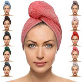 FAB-ON UK Hair Dry Towel 100% Cotton Turban Style Instant Drying Quick Absorbent Lightweight Button & Loop Closure One Size Hair Dry Cap For Curly Long Hair 64x24 CM