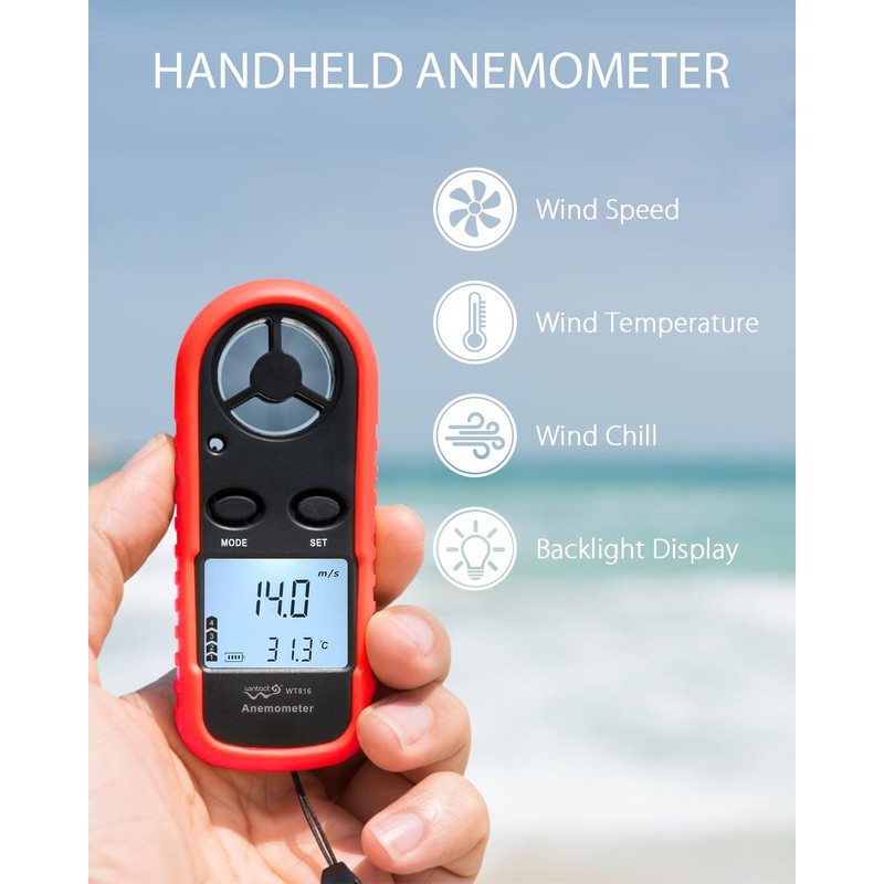 Wintact Wind Anemometer Handheld Wind Speedometer Gauge Digital Air Temperature