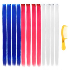 22 inch Colored Hair Extensions Multi-colors Party Highlights Synthetic Clip in Hair Extensions Rainbow Straight Hairpieces for Women and Kids 12 Packs (White&red&blue)