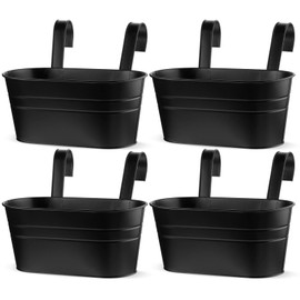 Hicarer 4 Pcs Metal Hanging Flower Pot Outdoor Plants Iron Hanging Bucket Planter Outside Fence Planter Boxes Holder Bulk with Detachable Hook for Wall Garden Balcony Window Indoor (Black)