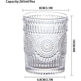 MDLUU 6-Pack Embossed Drinking Glasses, Romantic Glassware, Vintage Glass Tumblers for Juice, Beverages, Cocktail, Capacity 9oz/265ml
