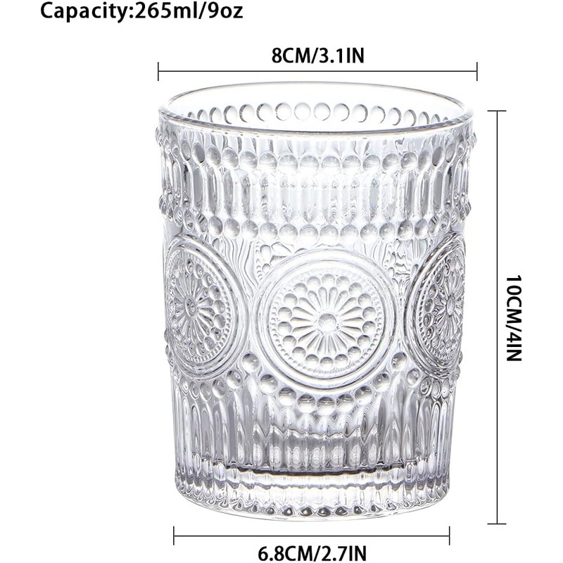 MDLUU 6-Pack Embossed Drinking Glasses, Romantic Glassware, Vintage Glass Tumblers
