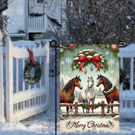 Merry Christmas 12 x 18 Double Sided Welcome Winter Horses Garden Flag Farm Decorative Banner Christmas Farmhouse Animals Home Yard Small Outdoor Decor Xmas Rustic Outside Flag