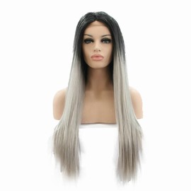Black Grey Wigs for Women Long Natural Color 1b Black Roots Ombre Gray Synthetic Lace Front Wig Party Holiday Daily Wear