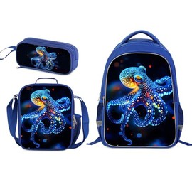 ZRENTAO Kids Backpack, 3D Reflective Cartoon, 600D Polyester & Dual Zippers, 17" Bookbag with Ergonomic Design for boys & girls age 6-18, Octopus Space Style for school Children Kids