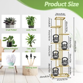 8 Tier 9 Potted Gold Plant Stand Indoor with Gardening Tools and Gloves, Tall Metal Corner Plant Shelf Organizer Outdoor, Multiple Flower Pot Holder Display Rack for Patio, Garden, Balcony, Living Room