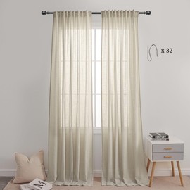 VOILYBIRD Beige Linen Sheer Curtains with Hook Belt 96 Inches Long Light Filtering Semi Sheer Curtains for Living Room 2 Panels, 52x96