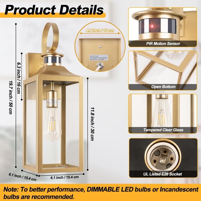 Large Motion Sensor Outdoor Wall Light 20" - Gold Dusk