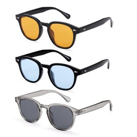 Hycredi Retro Round Sunglasses for Men Women - Vintage Circle Style Shades - 3 Pack Trendy Tinted Sun Glasses - Black/Blue + Black/Orange + Transparent Grey/Grey