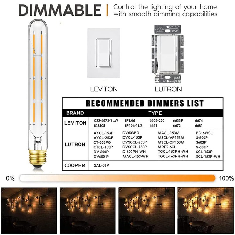 Leools T10 Led Long Bulbs 8W,E26 Dimmable Tubular Bulb,Equivalent 75