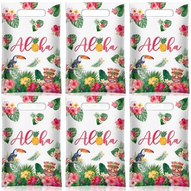 PerKoop 100 Pcs Hawaiian Gift Bags Plastic Aloha Goodie Bags Luau Party Favor Pouches with Handles for Summer Tropical Birthday Holiday Party Supplies
