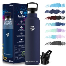 Grsta Trinkflasche - 1L - Trinkflasche Sport, Trinkflasche Edelstahl Auslaufsicher, Trinkflasche mit Strohhalm, Thermosflasche BPA-frei, Wasserflasche fur Sport, Fitness, Gym, Outdoor