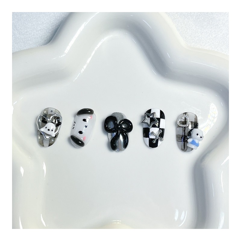 [Premium handmade embossed nails] Black dog nails - Coffin Egg