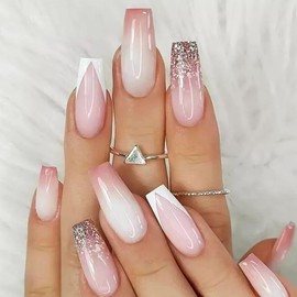 Pink Press on Nails Long Coffin MABKJLF French Tip Fake Nails White Full Cover Gradient False Nails with Designs Glitter Glossy Glue on Nails Acrylic Nails Artificial Nails for Women Girls 24Pcs