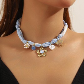 Silk Scarf Necklace for Women Gold Coin Bow Flower Star Pearl Scarf Charm Necklace Adjustable Colorfull Statement Choker Necklace Bohemian Summer Beach Holiday Jewelry for Women (Blue)