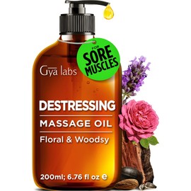 Gya Labs Aceite de masaje Destressing (7.7 onzas) – Elaborado con aceites de lavanda, rosa Otto, palisandro, mirra, jojoba y argán