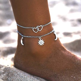 TseenYi Boho Layered Sun Moon Anklet Silver Layered Love Heart Ankle Bracelet Summer Beach Foot Chain Jewelry for Women and Teen Girls