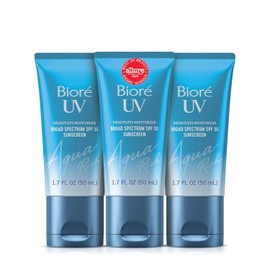 Biore UV Aqua Rich - Hidratante facial diario con SPF 50 | Protector solar e imprimación sin aceite para maquillaje con ácido hialurónico, sin yeso blanco, no comedogénico, para pieles sensibles, PA ++++, 1.7 onzas, paquete de 3