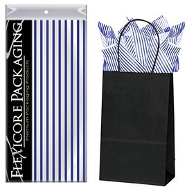 Flexicore Packaging Black Kraft Paper Gift Bags & Navy Blue Gift Wrap Tissue Paper | Size: 5.25 Inch X 3.25 Inch X 8.25 Inch | Count: 50 Bags | Color: Navy Blue Pin Stripe