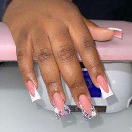 Diamond Press on Nails White French Tip Fake Nails Medium Square False Nails Flower Glue on Nails Reusable Artificial Acrylic Full Cover Stick on Nails Spring Summer Nails Decoration 24Pcs