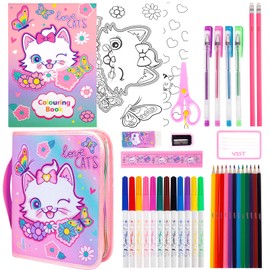 PinkSheep Marker Set with Glitter Cat Pencil Case & Stationery, Art Accessories, Colouring Kits for Children Aged 4-6-8, Birthday Gifts for Girls Aged 4 5 6 7 8 9 10 11 12