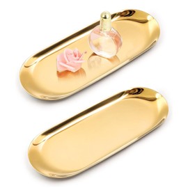 Yvttve 2 Pack Small Gold Decorative Trays, 7 Inch Jewelry Perfume Candle Trinket Tray, Key Towel Cosmetics Storage Dish Plate