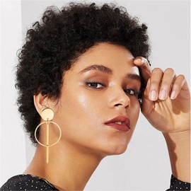 MALOYANVE Geometric Double Circle Hoop Earrings for Women Minimalist Gold Silver Plated Round Long Vertical Bar Dangle Drop Statement Earrings Jewelry (Gold Double Round)