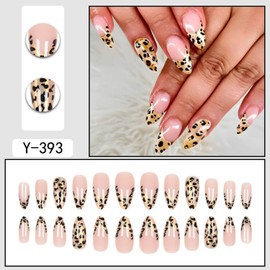 YOLEZI Medium Almond Press on Nails Fake Nails French Tip with Leopard Glitter Design Full Cover Glossy Glue on Nails Acrylic False Nails for Women Girls 24 Pcs (Leopard-35, Nails-35)