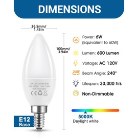 Flaspar 3 Pack E12 LED Ceiling Fan Light Bulbs, 60W Equivalent Candelabra LED Light Bulbs, 5000K Daylight Type B Light Bulb for Chandelier, 6W Candle Bulbs 600LM, Non-Dimmable