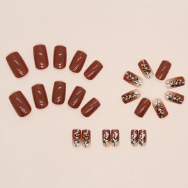 Thanksgiving Press on Nails Medium Square Fake Nails Glossy Glue on Nails Red Brown Acrylic Nails Gradient False Nails with Black Leaves Foil Designs Fall Artificial Stick on Nails for Women 24Pcs