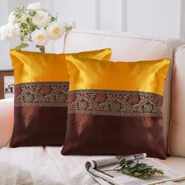 GULAAL ART Ethnic Indian Cushion Covers 18x18 Yellow & Brown Satin Silk Pillow Covers – Set of 2 Luxurious Decorative Cases for Home Décor Soft Elegant Throw Pillow Covers for Living Room Bedroom