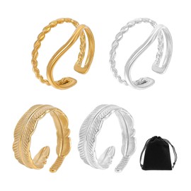 JTMKYO 4 Pieces Adjustable Rings with 1 Piece Velvet Bag, Angel Feathers and Wavy Lines Design, Hand Decoration, Thumb Ring Jewelry Accessories, Suitable Gift for Women (Silver)