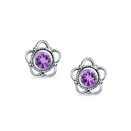 Bali Style Tiny Round Open Flower Gemstone Amethyst Stud Earrings For Women .925 Sterling Silver February Birthstone