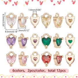 PH PandaHall 12pcs Cubic Zirconia Pendants 6 Colors Love Heart Charms Rhinestone Charms with Gold Bail Hanger for Earring Bracelet Necklace Choker Jewelry Making Valentine's Day Mother's Day Gifts