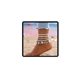 Jascatin 4PCS Beach Summer Tassel Layered Shell Star Conch Anklets White Map Ankle Bracelet Beaded Beach Foot Jewelry for Women