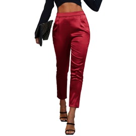 Women's Satin Silky Dress Casual Cocktail Wed Pull on High Elastic Waist Pants Drape Redrose
