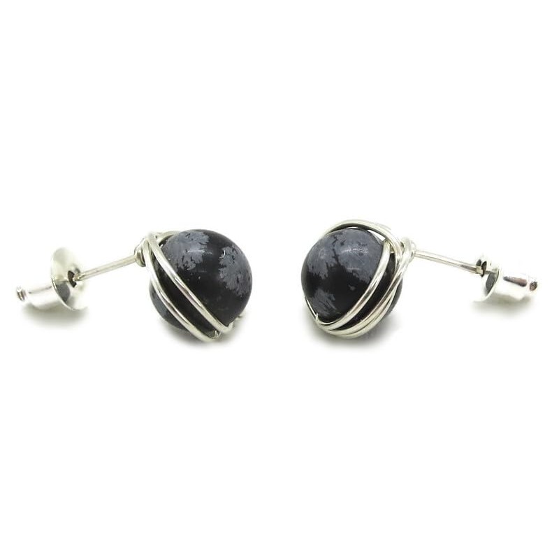 Snowflake Obsidian and Sterling Silver Herringbone-Topped Wire-Wrapped Post Earrings
