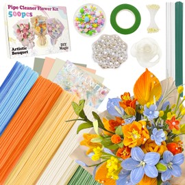 500Pcs Pipe Cleaners Craft - All-in-One DIY Flower Making Kit with 5 Colors Chenille Stems, Floral Stem Wires, Floral Tape, Stamens, Ribbon, Pearl & Pom Pom Accents, Bouquet Wrapping Paper (Blue)