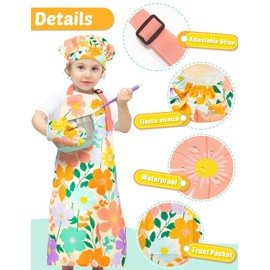 WERNNSAI Floral Kids Apron Set for Girls - Art Apron for Kids Waterproof Toddler Chef Cooking Aprons with Hat Oven Mittens Baking Painting Gardening Aprons Kitchen Classroom Art Smock Age 6-10 Years