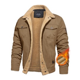 CRYSULLY Men's Thicken Cargo Coat Warm Fur Collar Lightweight Jacket Khaki XL