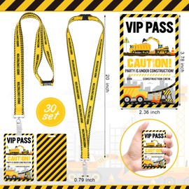 MotiMind 30 Sets Construction Theme Classroom Party Favors VIP Pass with Lanyards Bulk PVC Construction Crew VIP Pass with Yellow and Black Lanyards for Birthday Back to School Party Decoration