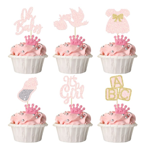 24 piezas de decoración para cupcakes de Oh Baby con texto en inglés "It's a Girl" con moño, vestido de botella, cisne, rosa claro, purpurina, baby shower, revelación de género, decoración para baby shower, niña, suministros de fiesta de cumpleaños