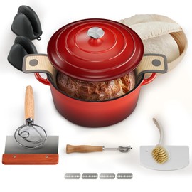 Cast Iron Dutch Oven for Bread Baking, With Banneton Bread Proofing Basket & Sourdough Baking Supplies, 5QT Multi-Functional Enameled Dutch Oven Pot with Lid, Cast Iron Bread Pan, Red
