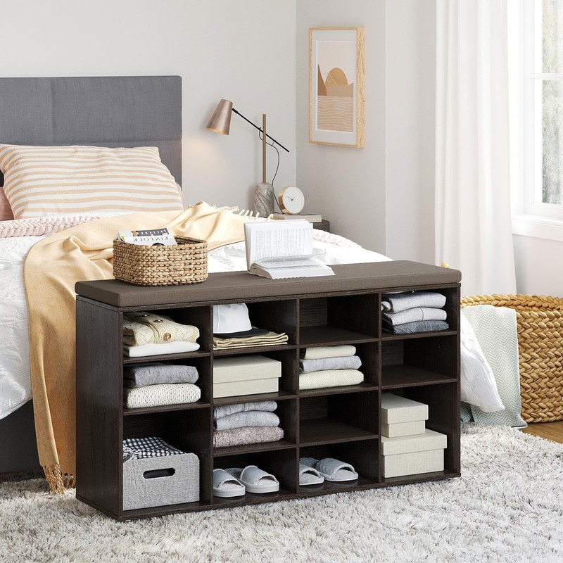 DINZI LVJ Shoe Storage Bench with Cushion, 16-Cubby Shoe Rack,