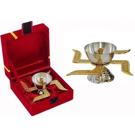 Silver and Gold Plated Brass Swastik Diya 4 Inches in Jewelry Box, Indian Wedding Gift, Decorative Diya, Return Gift | Traditional Indian Oil Lamp | Home Decor | Ideal Gift – Pack of 1