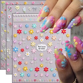 Spring Nail Art Stickers 5D Embossed Flower Nail Stickers Self Adhesive Daisy Morning Glory Bow Design Cute Nail Decals Colorful Floral Nail Supplies for Women Spring Summer Manicure Decorations 3Pcs