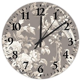 Silent Wall Clock Round Silent Non-Ticking Tan French Country Toile Floral Birds Custom Wall Clocks Flying Birds with Flowers Home Decoration for Workshop Patio Gym 12 inch