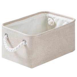 Mangata Foldable Storage Basket with Rope Handles, Fabric Storage Box (Light Khaki, S)