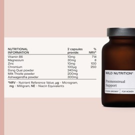 Wild Nutrition WILD NUTRITION Food-Grown? Premenstrual Support | Premenstrual Supplements to Support Mental Resilience & Hormone Balance for Women | Ashwagandha, B6, & Zinc | PMS Supplements for Women | 60 Capsules